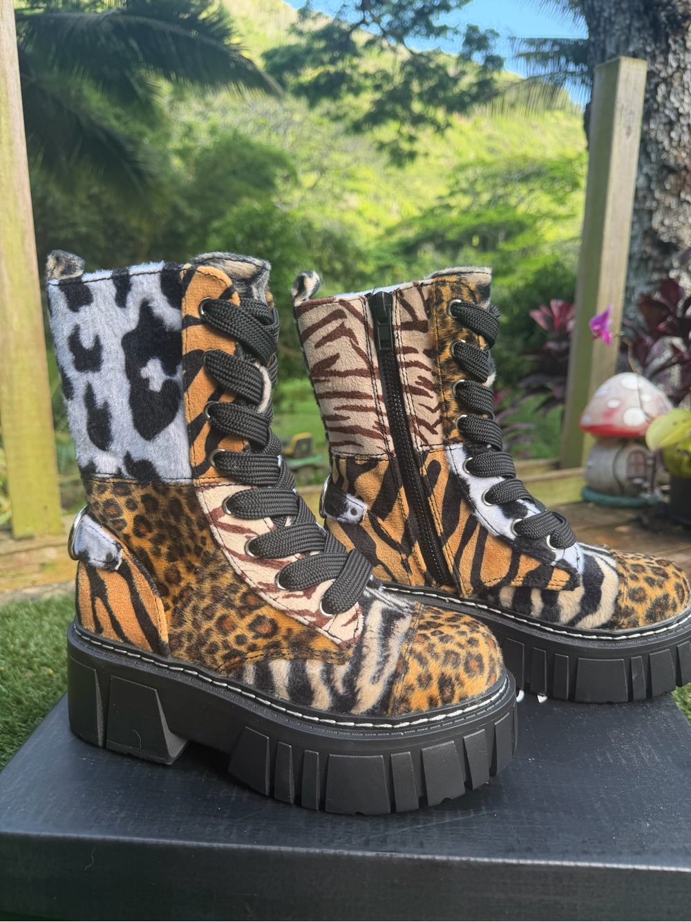 Dolls Kill Mixed Animal Print Chunky Combat Boots - Brown Black White